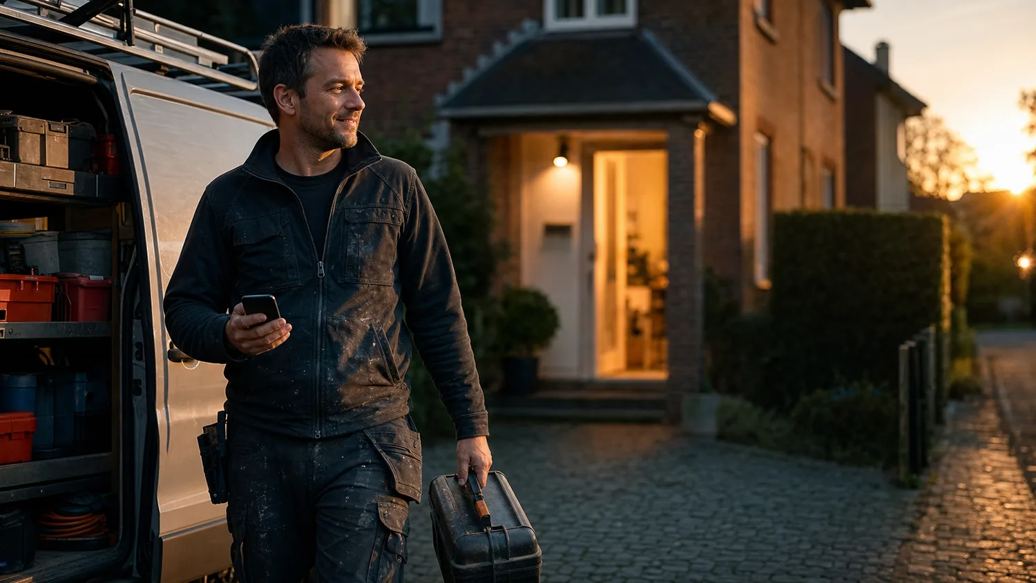 Vakman die na zijn werkdag met zijn telefoon naar huis vertrekt