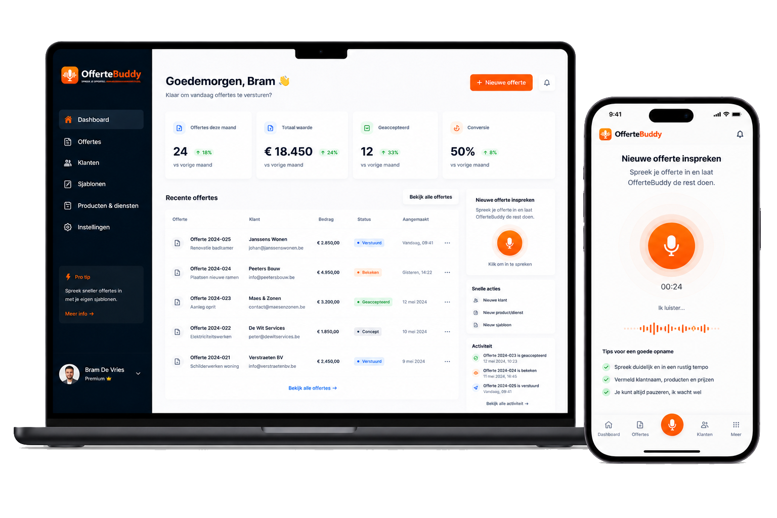 Voorbeeld van het OfferteBuddy dashboard met recente offertes, klanten en omzetcijfers